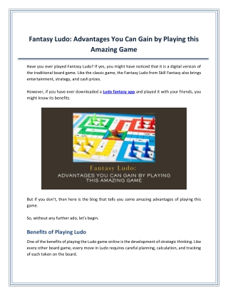 Fantasy Ludo - Advantages You Can Gain by Playing this Amazing Game