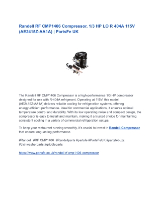 Randell RF CMP1406 Compressor, 1_3 HP LO R 404A 115V (AE2415Z-AA1A) _ PartsFe UK