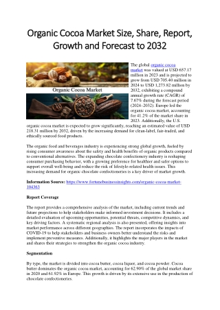 Organic Cocoa Market Size, Share, Growth and Trends to 2032