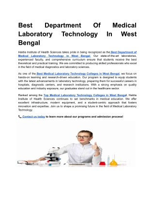 Best Department Of Medical Laboratory Technology In West Bengal