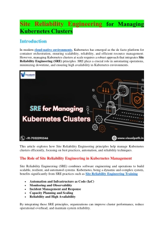 Site Reliability Engineering for Managing Kubernetes Clusters