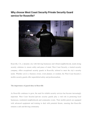 Why choose West Coast Security Private Security Guard service for Roseville