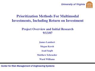 Prioritization Methods For Multimodal Investments, Including Return on Investment Project Overview and Initial Research