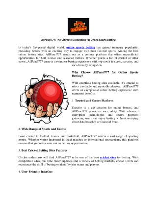 AllPanel777 The Ultimate Destination for Online Sports Betting