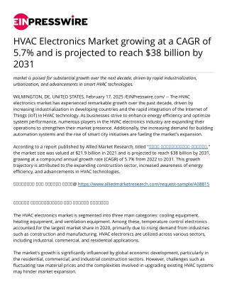 HVAC Electronics Market growing at a CAGR of 5.7% and is projected to reach $38 billion by 2031