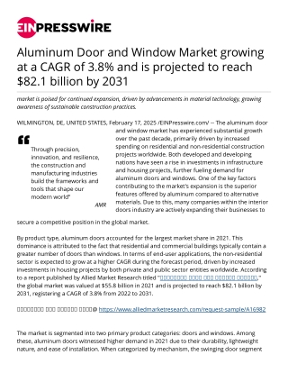 Aluminum Door and Window Market growing at a CAGR of 3.8% and is projected to reach $82.1 billion by 2031