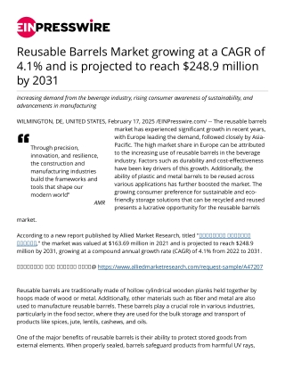 Reusable Barrels Market growing at a CAGR of 4.1% and is projected to reach $248.9 million by 2031