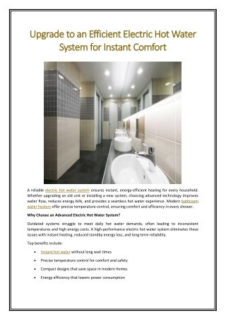 Upgrade to an Efficient Electric Hot Water System for Instant Comfort