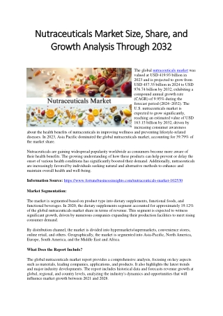 Nutraceuticals Market Size, Share, Trends, Growth Analysis to 2032