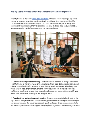Hire My Cooks Provides Expert Hire a Personal Cook Online Experience
