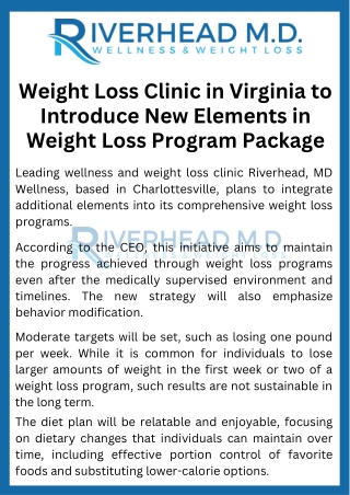 Weight Loss Clinic in Virginia to Introduce New Elements in Weight Loss Program