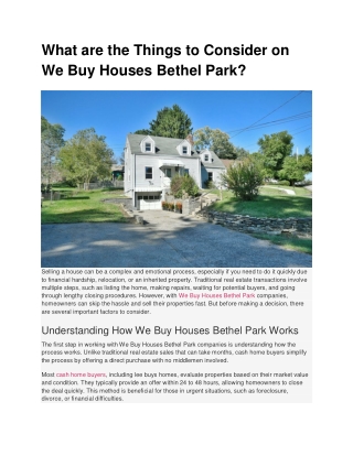What are the Things to Consider on We Buy Houses Bethel Park