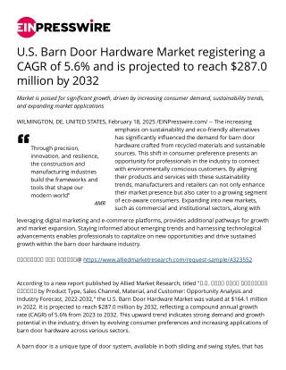 U.S. Barn Door Hardware Market registering a CAGR of 5.6% and is projected to reach $287.0 million by 2032