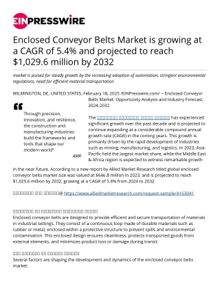Enclosed Conveyor Belts Market is growing at a CAGR of 5.4% and projected to reach $1,029.6 million