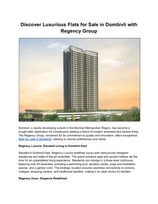 Discover Luxurious Flats for Sale in Dombivli with Regency Group