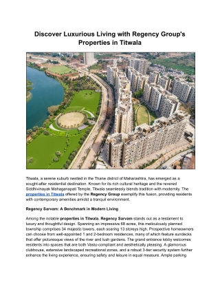 Discover Luxurious Living with Regency Group's Properties in Titwala