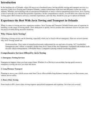 Experience the Best With Javis Towing and Transport in Orlando