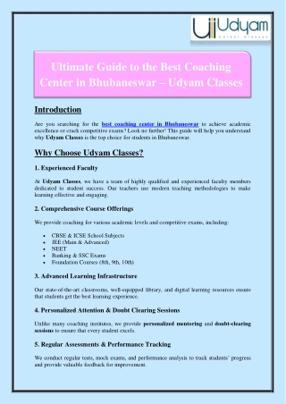 Ultimate Guide to the Best Coaching Center in Bhubaneswar – Udyam Classes