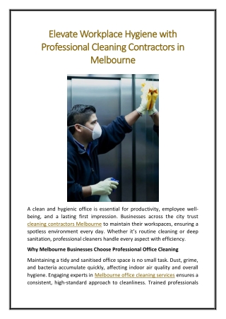 Elevate Workplace Hygiene with Professional Cleaning Contractors in Melbourne