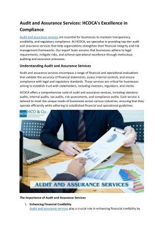Audit and Assurance Services HCOCA's Excellence in Compliance
