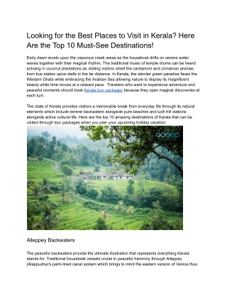 Looking for the Best Places to Visit in Kerala? Here Are the Top 10 Destinations