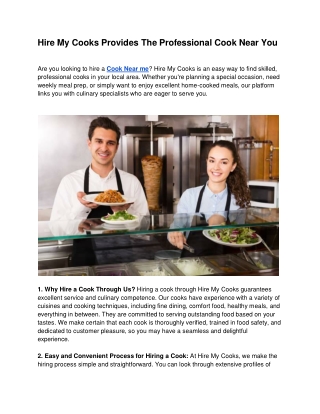 Hire My Cooks Provides The Professional Cook Near You