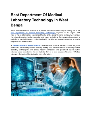 Best Department Of Medical Laboratory Technology In West Bengal