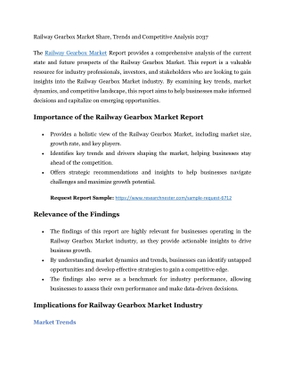 Railway Gearbox Market Share, Trends and Competitive Analysis 2037