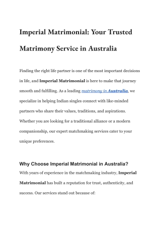Imperial Matrimonial_ Your Trusted Matrimony Service in Australia