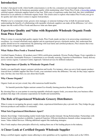 Experience Quality and Value with Reputable Wholesale Organic Foods from Pitco F