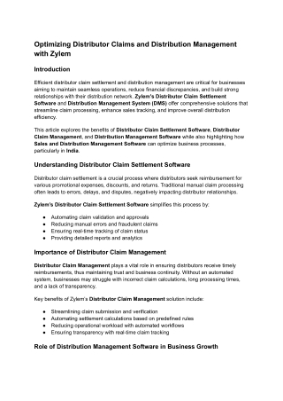 Optimizing Distributor Claims and Distribution Management with Zylem