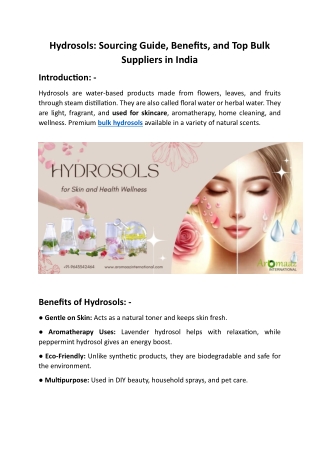 Hydrosols: Sourcing Guide, Benefits, and Top Bulk Suppliers in India