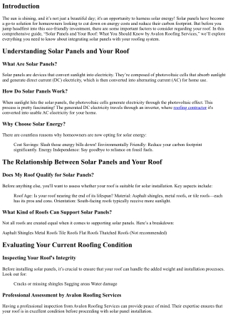 “Solar Panels and Your Roof: What You Should Know by Avalon Roofing Services”