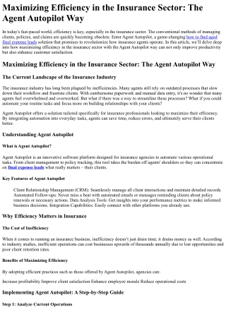 Maximizing Efficiency in the Insurance Sector The Agent Autopilot Way
