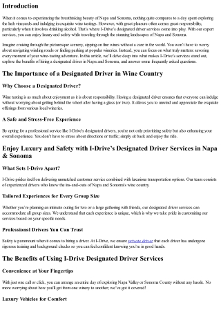 Enjoy Luxury and Safety with I-Drive’s Designated Driver Services in Napa & Sono