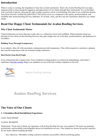 Read Our Happy Client Testimonials for Avalon Roofing Services.