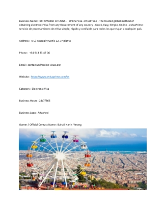 FOR SPANISH CITIZENS -   Online Visa  eVisaPrime - The trusted global method of