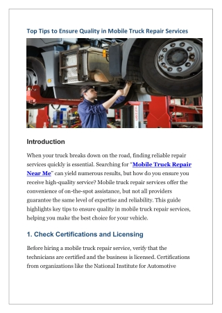 Top Tips to Ensure Quality in Mobile Truck Repair Services