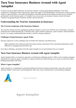 Turn Your Insurance Business Around with Agent Autopilot