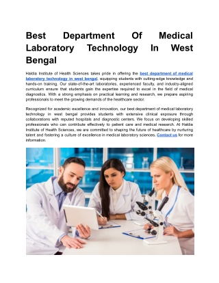 Best Department Of Medical Laboratory Technology In West Bengal