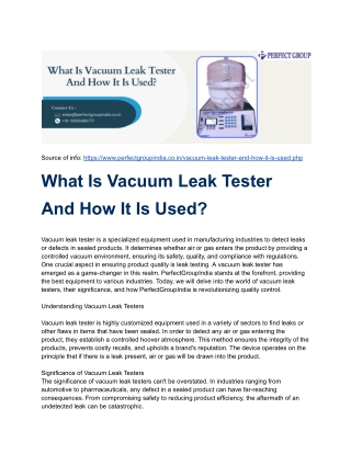 What Is Vacuum Leak Tester And How It Is Used?