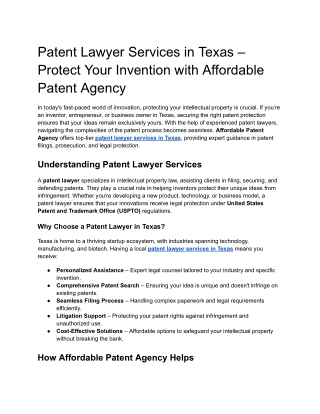 Patent Lawyer Services in Texas – Protect Your Invention with Affordable Patent Agency