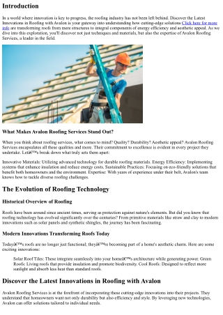 Discover the Latest Innovations in Roofing with Avalon.
