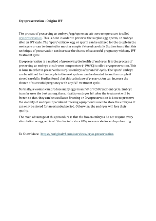 Cryopreservation - Origins IVF