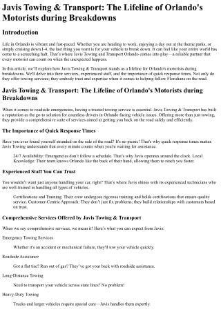Javis Towing & Transport The Lifeline of Orlando_s Motorists during Breakdowns