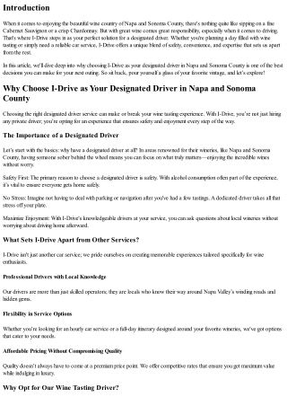 Why Choose I-Drive as Your Designated Driver in Napa and Sonoma County