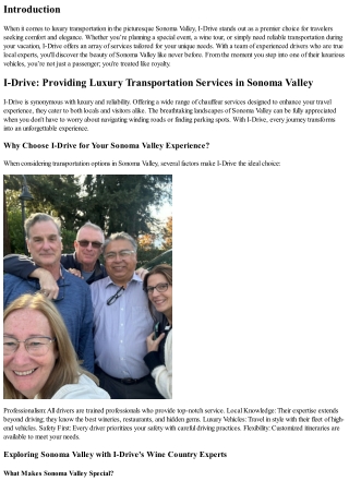 I-Drive: Providing Luxury Transportation Services in Sonoma Valley