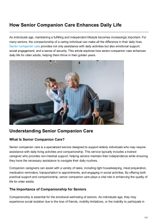 How Senior Companion Care Enhances Daily Life