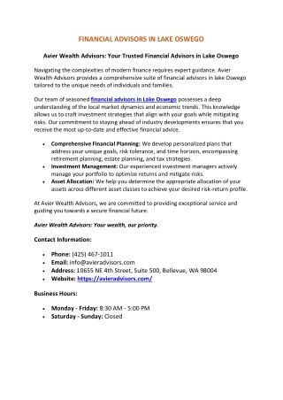 Financial Advisors in Lake Oswego | Avier Wealth Advisors