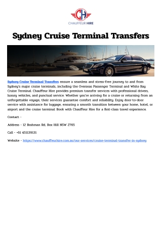Sydney Cruise Terminal Transfers
